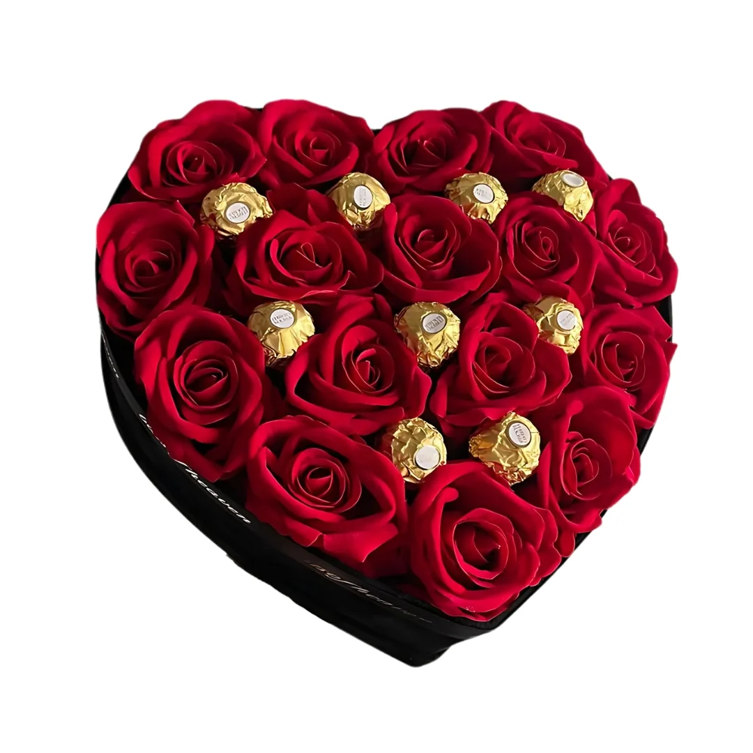 flowers-32 Boîte Cœur Fleurs avec Chocolats Ferrero